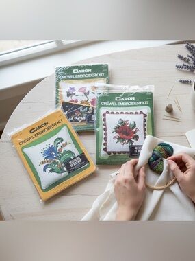 Vintage‎ Caron Crewel Embroidery Kit Lot of 3 Floral Pillow Kits New in Package
